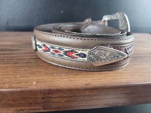 lot 2933 image: Western Silver Buckle Leather Belt with Woven Detail Size 38