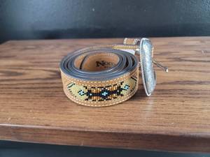 lot 2939 image: Nocona Beaded Leather Belt with Silver Buckle Size 38