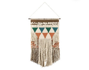 lot 42033 image: Primitives by Kathy Bohemia Style Woven Wall Hanging, Handmade Cotton Fringe Tassel Banner with Copper Hanging Rod, Bohemian Decor for Apartment, Dorm, Living Room, Bedroom, Baby Nursery, 14W x 24L