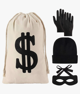 lot 42104 image: 4 Pieces Robber Costume Set, Include Canvas Dollar Sign Money Bags Bandit Eye Mask Knit Beanie Cap for Halloween Cosplay Burglar Theme Party