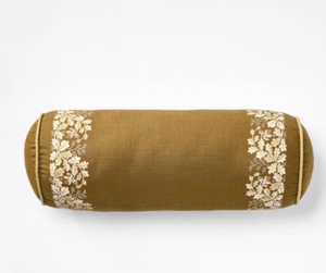 lot 42121 image: Brown Bolster Pillow with Floral Embroidery
