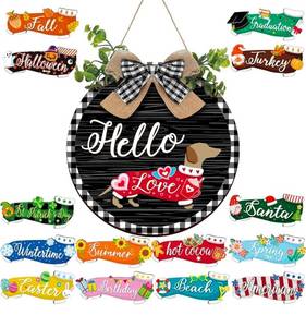 lot 69494 image: Glenmal 16 Pcs Interchangeable Seasonal Dachshund Welcome Sign Rustic Dog Front Door Wreaths - Retail $20