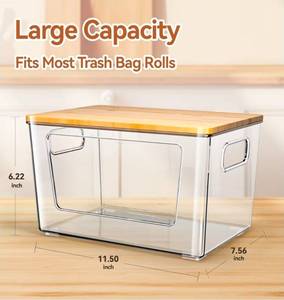 lot 69501 image: Trash Bag Holder with Bamboo Lid, Stackable Trash Bag Dispenser, Extra Large Storage for Kitchen Laundry Room Under Sink (1Pack) - Retail $20