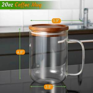 lot 69524 image: 20oz Glass Coffee Mug with Wooden Lid 2pk - Retail $20