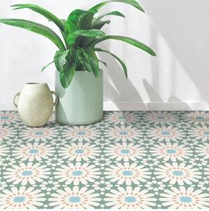 lot 69570 image: MORCART Peel and Stick Floor Tile - 20 PCS, 7.87 x 7.87 Vinyl Flooring - Waterproof Self-Adhesive Tile Sticker for Wall Backsplashes, Bathroom, Kitchen - Green and White Floral Look - Retail $25