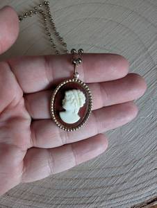 Brown and White Cameo Pendant Necklace with Beaded Chain