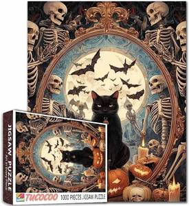 lot 3057 image: Spooky Night Jigsaw Puzzle 1000 Pieces for Adult,Families(Skeleton,Skull Man,Black Cat,Bat,Mirror Full Moon) Pieces Fit Together Perfectly 19.7x27.6inch Halloween Frameable Magic Puzzle Art