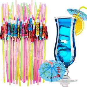 lot 6316 image: 100 Pcs Cocktail Umbrella Drink Straws Tropical 9.5 Inch Bendable Bar Plastic Mini Paper Umbrella Hawaiian Beach Party Decorative Straws( 2)
