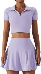 lot 6400 image: 2 Piece Tennis Dress for Women High Waist Pleated Tennis Skirt with Shorts Short Sleeve Crop Golf Workout Skirts Sets XL