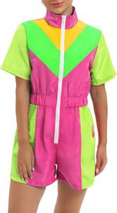 lot 6401 image: Womens Color Block One Piece Outfits Short Sleeve Zipper Elastic Waist Windbreaker Rompers Short Jumpsuits XXl