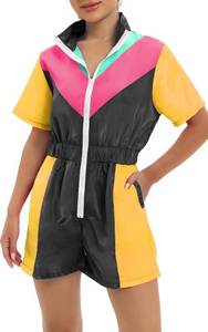 lot 6402 image: Womens Color Block One Piece Outfits Short Sleeve Zipper Elastic Waist Windbreaker Rompers Short Jumpsuits XL