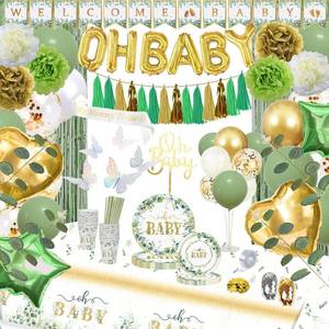 lot 6408 image: 223Pcs Sage Green Baby Shower Decorations,OH BABY Banner, Balloon, Sash, Cake Topper for 25 Guests,Neutral Baby Shower Decor Supplies- Disposable Dinnerware Set With Eucalyptus Leaf