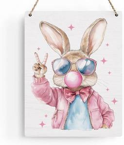 lot 6434 image: Funny Easter Bunny Coquette Decor Happy Easter Wall Decor Pink Bunny Bow Decor Easter Front Door Decor, Easter Girl Gift Wooden Sign Wall Art Decor for Farmhouse Home Porch Bedroom Living Room Office