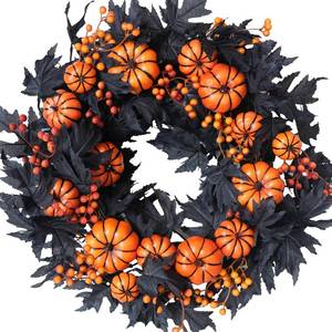 lot 6463 image: Halloween Wreaths Black Maple Leaf Wreath Orange Pumpkin Wreath Holiday Decoration Party Party Celebration Wreaths Front Door Back Door Hallway Patio Decoration