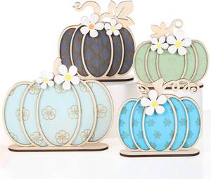 lot 6480 image: Leinuosen 4 Pcs Thanksgiving Fall Pumpkin Decoration Wooden Tabletop Signs Pumpkin of 4 Size, Autumn Table Centerpieces Season Tray Decor for Halloween Harvest Home Room Decoration(Cool Colors)