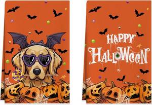 lot 6483 image: XCHI Happy Halloween Dog Spooky Pumpkin Kitchen Towels Dish Towels 18x26 Inch Home Kitchen Decorations Hand Towels Set of 2 Drying Dishcloth