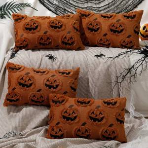 lot 6485 image: Tranqun 4 Pcs Halloween Pillow Covers Fall Pumpkin Ghost Throw Covers 3D Embroidered Faux Fur Cushion Cases for Halloween Thanksgiving Autumn Home Sofa Bed Room Decor(12 x 20,Rust)