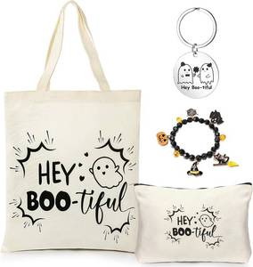 lot 6495 image: Paterr 4 Pcs Halloween Boo Basket Gift Spooky Tote Bag Keychain Cosmetic Bag Pumpkin Bracelets Ghost Love Boo Gifts for Women