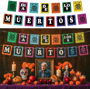 lot 6501 image: TaoBary 2 Set Mexican Party Decorations Banner Dia De Los Muertos Banner Day of The Dead Decorations Sugar Colorful Skull Garland for Party, Altar, Halloween Decor Papel Picado Wall Decor Supplies