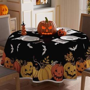 lot 6517 image: XCHI Black Spooky Pumpkin Halloween Tablecloth Round Washable Table Covers for Indoor Outdoor Dining Home Party Decorations Table Cloth 70x70 Inch