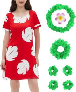 lot 6526 image: Womens Dress Costume With Pocket Hawaiian Red Dress Halloween Costume Cosplay Leaf Summer Dress XL, 10-11y