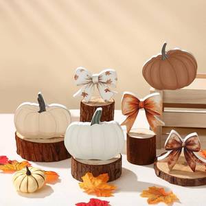 lot 6529 image: 6 Pcs Autumn Pumpkin Decor, Thanksgiving Fall Decorations for Home, Wood Pumpkin and Bow Sign, Fall Tiered Tray Decor for Thanksgiving Autumn Home Kitchen Harvest Party Supplies