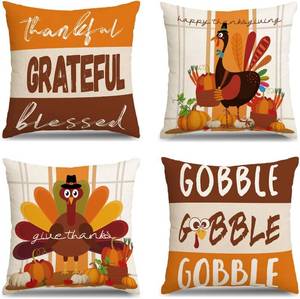 lot 6531 image: MEHOFOND Thanksgiving Pillow Covers 18x18 Set of 4, Fall Throw Pillow Covers Turkey Pumpkin Orange Farmhouse Home Decor Pillowcase Give Thanks Cushion Case for Sofa Couch
