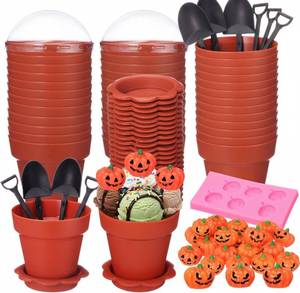 lot 6532 image: Maxdot 24 Pack Halloween Flowerpot Dessert Cup with Lids and Shovel Spoon Bottom Tray Halloween Cake Decoration Mold Small Flowerpot Cups Dessert Ice Cream Holder for Party DIY Supplies(Pumkin)