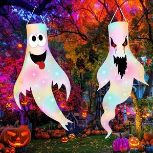 lot 6534 image: Voiiake Halloween Decorations, 2Pcs 47 LED Hanging Ghost Windsocks, Outdoor Halloween Decor