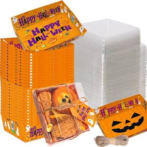 lot 6537 image: WorldBazaar 50 Pcs Halloween Charcuterie Boxes with Clear Lids Rope Gift Tags 5 Inch Square Disposable Paper Food Containers Bakery Dessert Treat Boxes for Cake Cookie Sandwich Halloween Party Favor