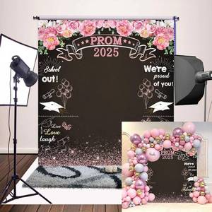 lot 6550 image: Pink Flowers Prom 2025 Backdrop 6x6FT Rose Gold Graduation Photography Background Congrats Grad Prom Party Decorations Photo Props