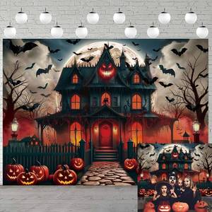 lot 6552 image: Halloween Photography Backdrop 7x5FT Scary Night Full Moon Pumpkin Monster House Background Kids Halloween Party Decorations Supplies Photo Booth Props