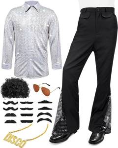 lot 6558 image: Mepase 70s Disco Outfit Costume Bell Bottom Pants Disco Shirts for Halloween Dress Up