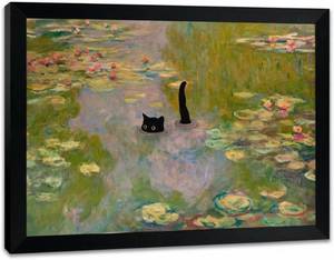 lot 6563 image: Black Framed Funny Cat Canvas Wall Art Cat in Water Lily Picture Vintage Animal Painting Retro Black Cat Poster Prints for Living Room Bedroom Bathroom Office Wall Decor 12x16-Inch