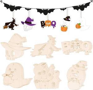 lot 6581 image: 24 PCS Unfinished Wooden Halloween Crafts, Pumpkin Ghost Shaped Hanging Ornaments DIY Wood Craft Cutouts for Home Party Decor (Halloween)