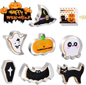 lot 6583 image: Halloween Cookie Cutters Set of 7 Stainless Steel Pumpkin Ghost Witch Hat Bat Cat Tombstone Skull Shapes for Halloween Party Supplies and Baking 50 Biscuit Bags Included (2)