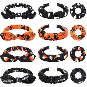 lot 6585 image: 12 Pcs Halloween Headbands Set for Women Skeleton Pumpkin Ghost Knotted Hair Hoop Scrunchies Cute Hair Accessories