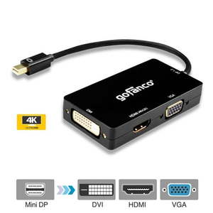 lot 31728 image: gofanco Mini DisplayPort 1.2 to VGADVIHDMI 4Kx2K mDP 3 in 1 Adapter - Thunderbolt compatible  Black  Gold Plated  for MacBooks  Surface tablets  Chromebook Pixel and laptops with a Mini DP output