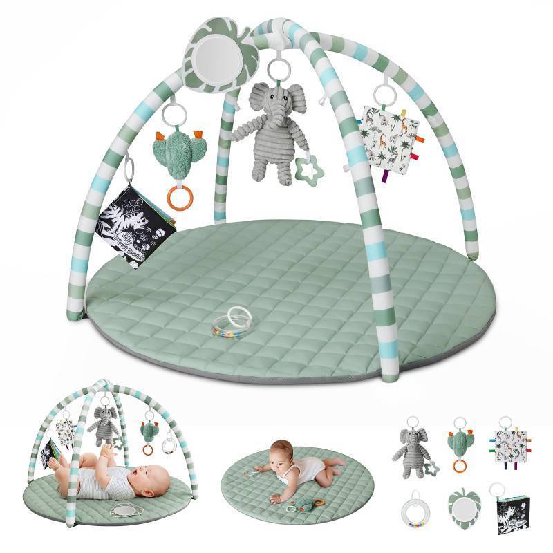 lot 6233 image: Blissful Diary Baby Play Gym Mat, Play Mat Activity Mat with 6 Detachable Toys for Stage-Based Sensory &amp Motor Skill Development, Easy to Install &amp Clean, Baby Essentials Gift, Sage Green