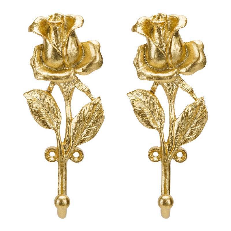 lot 7734 image: SOFFEE DESIGN 2pcs Golden Single Hooks 3D Rose Flower Retro Ornate Style for Room Wall Decoration, Coat Hat Scarf Hanging Hanger Entry Heavy Hooks Home Decor
