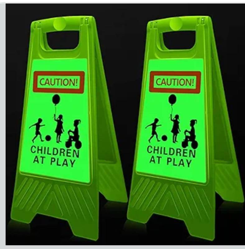 lot 7793 image: 2 Pieces Reflective Kids Playing Sign for Street Slow Down Kids at Play Sign Double Sided 24 Inch Portable Handle Children at Play Warning Board Safety Signs Neighborhood School Park Sidewalk (Green) one Damaged