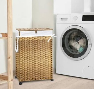 lot 4476 image: 70L Slim Laundry Hamper with Lid & Wheels, Rolling Laundry Basket with 2 Removable Liner Bags & 3 Mesh Bags, Narrow Dirty Clothes Basket, Foldable Handwoven Rattan Laundry Sorter, Natural