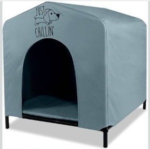 lot 4485 image: Floppy Dawg Just Chillin&nbspPortable Dog House. Elevated Pet Shelter for Indoor and Outdoor Use. Made of Water Resistant Breathable Oxford Fabric. Easy to Assemble and Lightweight. 33L x 29W x 32H