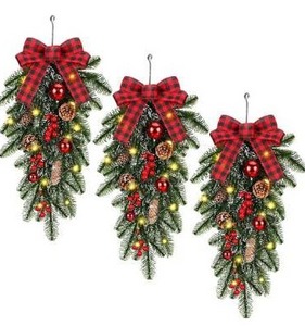 lot 4493 image: Craftsatin 3 Pcs Christmas Teardrop Swag 24 Inch Pine Branch Swag Stairway Swag Prelit Tear Drop Christmas Wreath with Warm Lights Christmas Decoration for Door Indoor Outdoor Home Hanging Decor