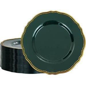 lot 4517 image: Hioasis 60pcs Green Plastic Plates - Green and Gold Disposable Dinnerware with Gold Rim, Heavy-duty, 10.25 inch, Dinner Plates for Party & Wedding