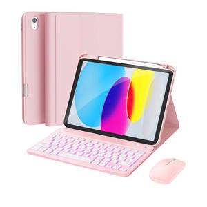 lot 4536 image: RAYMCRAFT for iPad 11th (A16, 2025)  10th Generation Case with Keyboard, Mouse and Detachable Wireless Keyboard, 7-Color Backlight, Slim Case with Pencil Holder, Light Pink