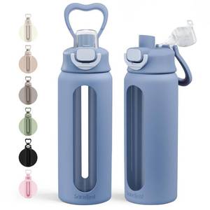 lot 4583 image: Glass Water Bottle with Silicone Sleeve 24oz with Lid, Motivational Time Marker, Drinking Hydration Glass Bottles for Men Women, Gym Travel Sports (Blue)