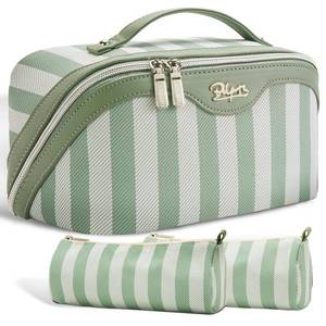 lot 4595 image: BOYATU Travel Makeup Bag for Women Large Cosmetic Bag Set of 3 - PU Leather Make up Bag with Compartments - Compact Waterproof Toiletry Bag with Divider & Handle (B-3-Green)