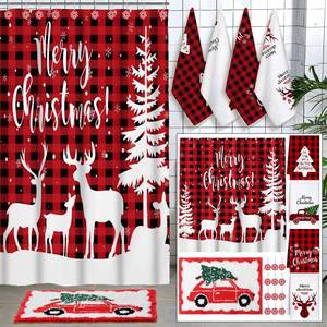 lot 4598 image: Fourluoo 18 Pcs Fabric Shower Curtain Set with 12 Decorative Shower Curtain Hooks Bathroom Towels Non Slip Absorbent Microfiber Rug for Modern Aesthetic Bathroom(Red,Christmas)