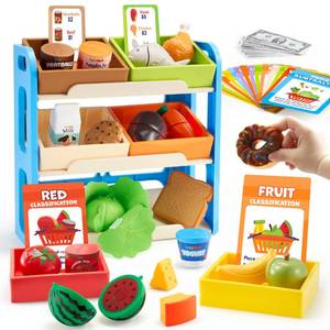 lot 4607 image: lalalark Play Food for Toddlers, Kids Grocery Store Playset, Pretend Kitchen Food Toy with Storage Shelves & 6 Boxes, Sorting Sensory Toy for Boys Girls Birthday Gifts for Christmas